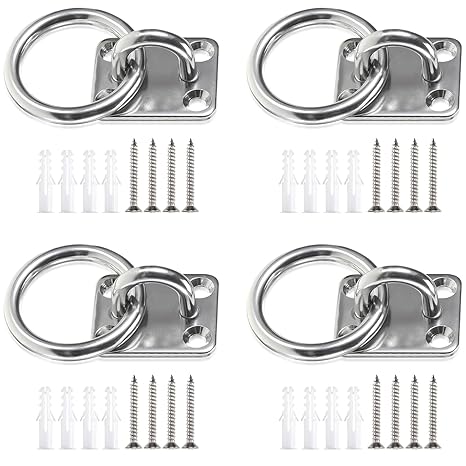 4Pcs Tie Ring on Plate, 30mmx 35mm Hanging Chain Ring | Animal Tether Horse Hay Net Tack Tie up Stable Ring Hook, Tie Rings for Horses with Plugs and Screws, Hay Ring for Horses