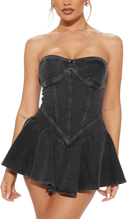 Ecirod Womens Sexy Strapless Denim A Line Mini Dress Sweetheart Neck Patchwork Bodycon Corset Tube Jean Short Dresses