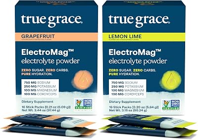 True Grace ElectroMag - Grapefruit 16 Stick Packs  Lemon Lime 16 Stick Packs - Electrolyte Powder for Rapid Hydration - Zero Sugar & Carbs - Non-GMO - 32 Total Servings