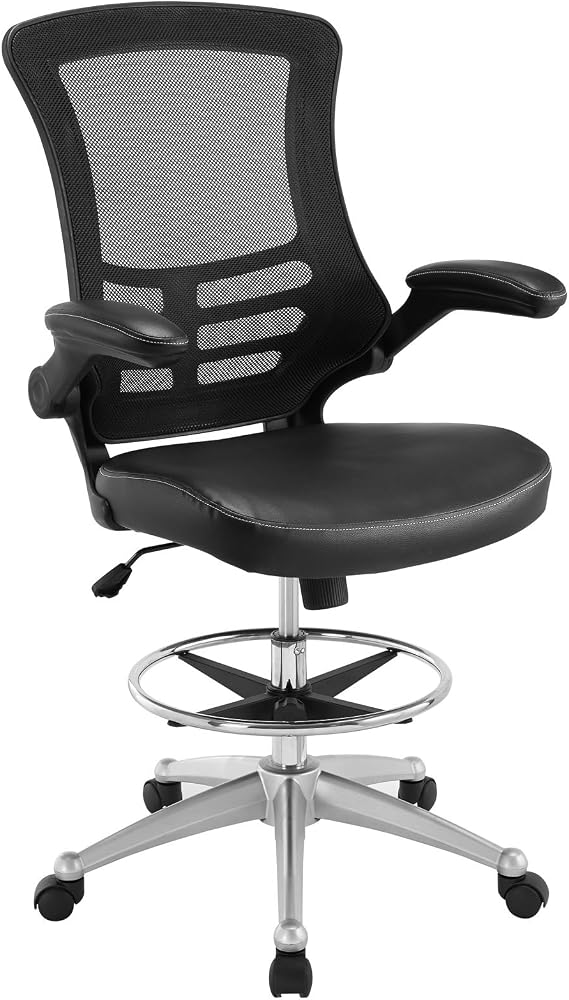 Modway Attainment Vinyl Drafting Chair - Drafting Stool With Flip-Up Arm in Black