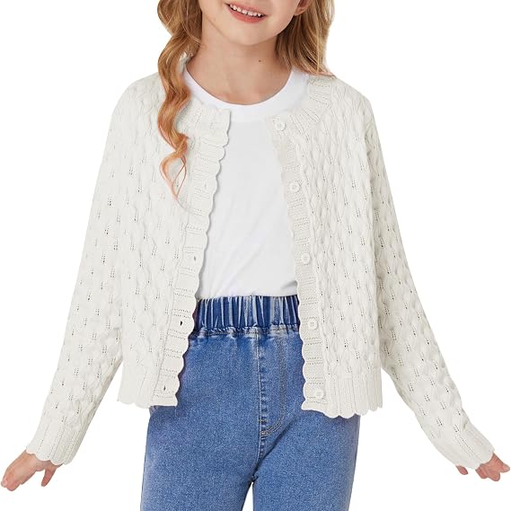 GRACE KARIN Girls Cardigan Button Down Knit Sweater 6-12Y | Pointelle Hollowed-Out Knitted Front, Scalloped Edges, Long Sleeve Crew Neck, Soft Stretchy, for School Casual Dressy