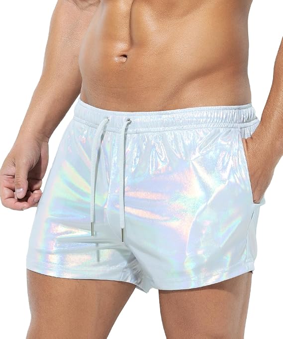 Casey Kevin Mens Gold Shorts Silver Metallic Short Shiny Disco Rave Outfit | 3" Holographic Sparkly Hot Booty Shorts with Pockets&Drawstrings,Breathable,Comfortable,for Festival,Party,Club
