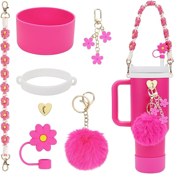 PINKPIN 7PCS Water Bottle Cup Accessories Set for Stanley Cup 40oz & 30oz Tumbler Keychain Charms, Rose Red