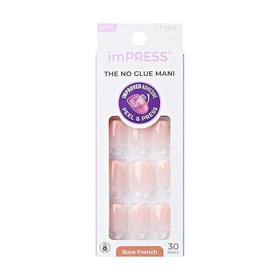 Kiss Impress No Glue Mani Press On Nails, Heroic, Bare French Manicure Kit, 30 Light Neutral + White, Squoval Short Nails with IMPROVED Adhesive, Includes Prep Pad, Manicure Stick & Mini File