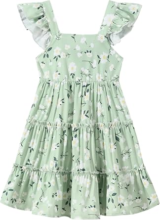 Girl Summer Dress Floral Ruffle Sleeve A Line Swing Casual Dresses Tie Back Cute Tiered Sundress 4-12Y