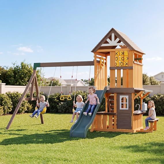Cedar Wooden Swing Sets for Backyard,Multifunctional Outdoor Playset
