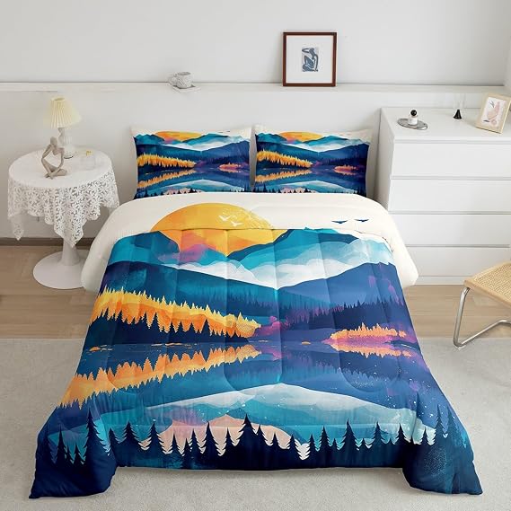 Smoky Mountain Comforter Set Pineforest Duvet Insert Twin,Trees Natural Scenery Art Bedding Set for Kids Child,Red Sun Mountain With Firforest And Arrow Folk Style Retro Print Bedroom Decor
