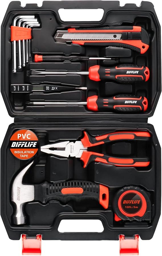 Tool Sets Household Tool Kit 15-Piece,General Home/Auto Repair Tool Set with Hammer, Pliers, Screwdriver Set and Toolbox Storage Case - Perfect for Homeowner, Diyer, Handyman (15-Piece)...