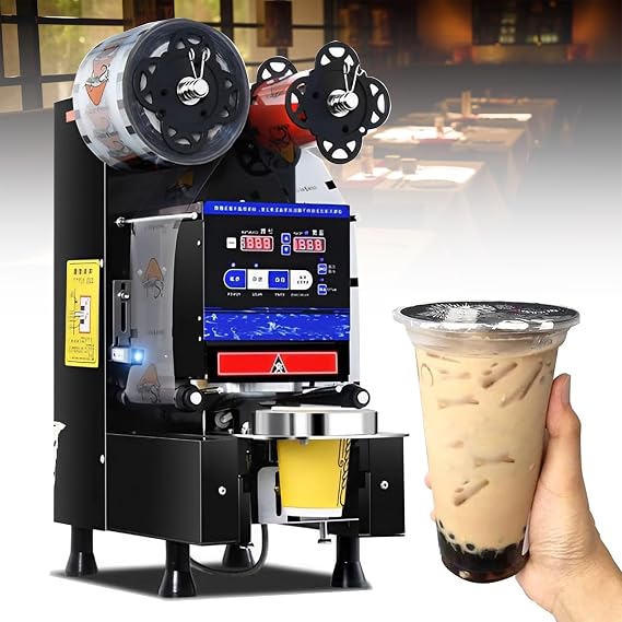 Fully Automatic Cup Sealing Machine,600-800 Cups/H Commercial Electric Cup Sealing Machine with Digital Control LED Panel,for Bubble Milk Tea Coffee Smoothies,90/95mm Diameter,Black