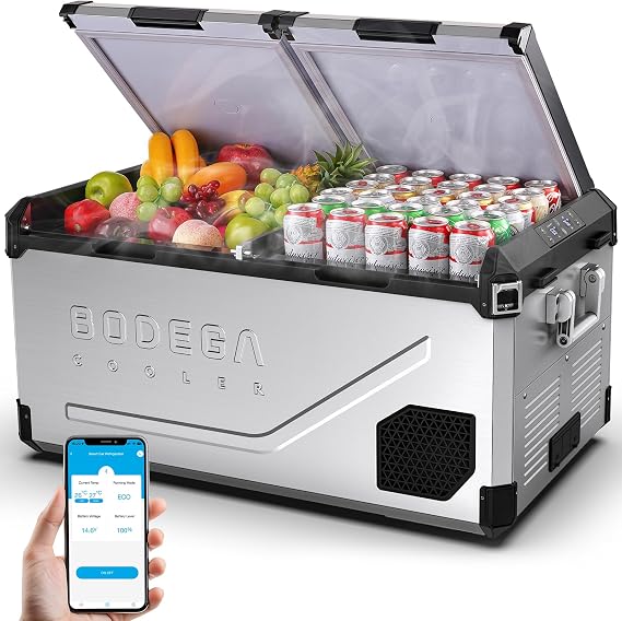 BODEGA 12 Volt Car Refrigerator, 100Quart (95L) Dual Zone Car Fridge APP Control, Portable Freezer,4F-68F RV Electric Cooler 12/24V DC &100-240V AC for Outdoor, Camping, Travel