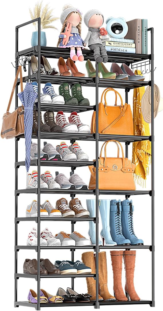 Kottwca 2 Row 10 Tier Tall Shoe Rack Organizer Closet Entryway 40-45 Pairs Shoe Boot Storage Rack Metal Shoe Shelf Small Vertical Stackable Shoe Stand for Bedroom Corner