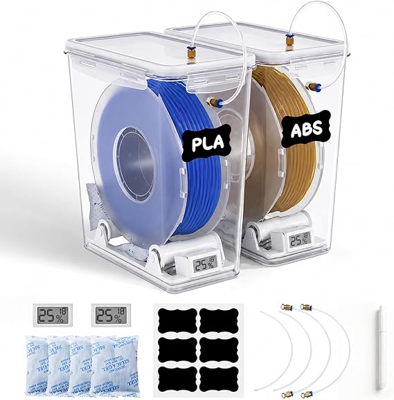 3D Printer Filament Dry Box, Airtight Filament Storage Box with Dual Outlets, Hygrometer, Reusable Desiccant & Spool Holders for Continuous Printing Filament Storage and Protection, 5.8L, 2Pack