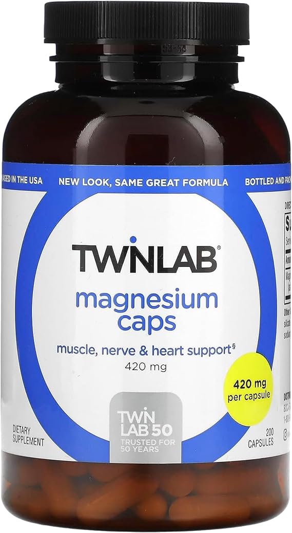 Twinlab Magnesium Caps - High Absorption Magnesium Supplement to Support Leg Cramps Relief - Magnesium Capsules for Stress Relief, 420 mg, 200 Count - 1 Pack