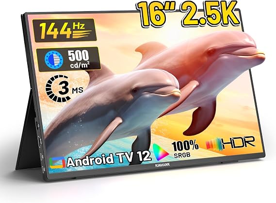 Kinhank 2.5K 144Hz Portable Monitor 16'', Android TV 12.0 OS,2560 * 1600P QHD IPS Portable Gaming Display,FreeSync,500Nits Screen USB-C HDMI Travel Monitor for Laptop PC MAC Phone PS5 Xbox Switch