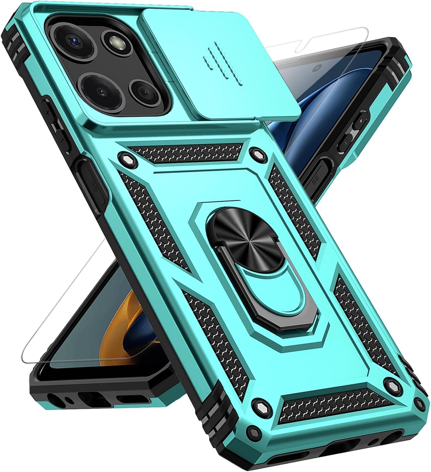 for Motorola Moto G 2025 Case, with Slide Camera Cover HD Screen Protector [Military Grade 16ft. Drop Tested] Magnetic Ring Holder Kickstand Protective Phone Case for Motorola Moto G 2025, Mint
