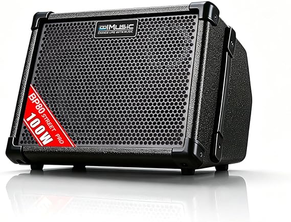 Coolmusic BP80 Battery Powered Acoustic Guitar Amplifier- Portable Bluetooth Speaker 100W, 6 Inputs,3 Band EQ,Black