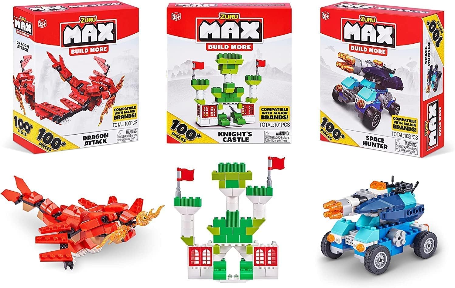 Construction Themed 100 Pc Brick Set 3 Pack by ZURU Over 300 Toy Building Blocks, 3 Models to Build, Dragon Attack, Green Castle, and Space Car Compatible with Major Brands