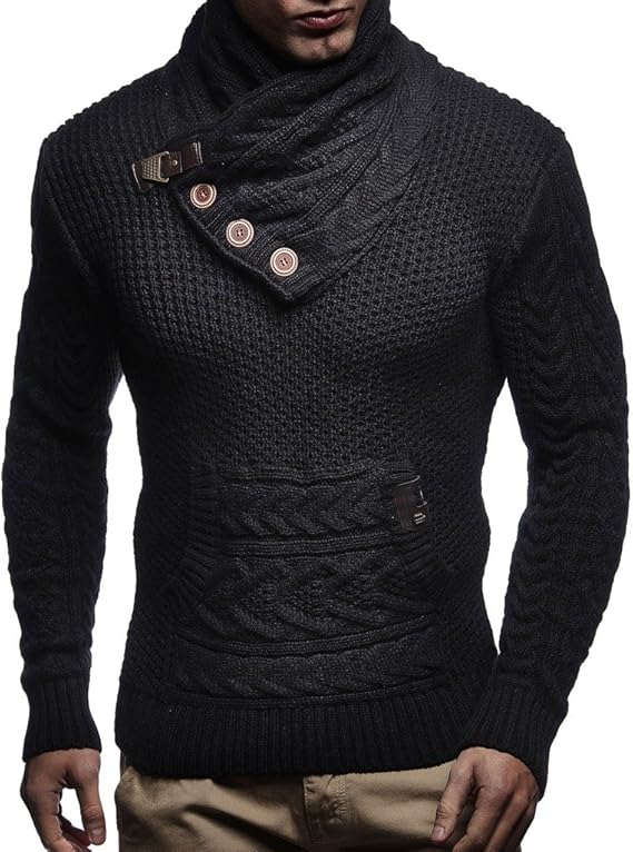 Leif Nelson Mens Knitted Pullover | Long-Sleeved Slim fit Knitwear | Winter Sweatshirt with Shawl Collar for Men