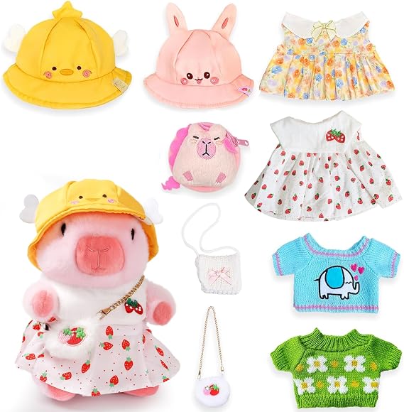 Capybara Plush Toy Capybara Plush with 9 Clothing Items and Accessories, Super Soft Capybara Stuffed Animal for Kids, Girls, Boys, 25.9 cm (Cute Dress Capybara)