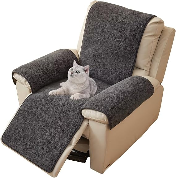 Recliner Slipcovers with Pocket Soft Warm Nonslip Lazy Boy Recliner Chair Covers Stay in Place Sherpa Fleece 1 Seat Reclining Sofa Covers with Elastic Straps Pet Friendly Dark Grey