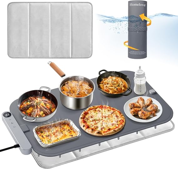 Homelove Warming Mat for Food - Electric Warming Tray with 7-Level Temp Settings & 6 Hours Timer, Full Surface Graphene Heating, Waterproof Dishwasher-Friendly Food Warmer for Parties, Kitchen (Grey)