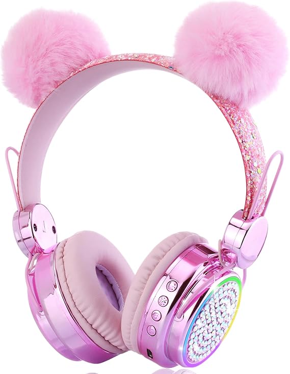Kids Bluetooth Headphones with Microphone for School, LED Light Up Wireless Girls Headphones for Study/Tablet/Airplane/Online Learning (Pink)