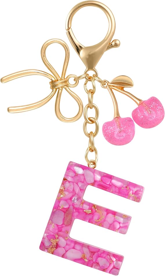 Resin Initial Keychain with Cherry Bow, Letter Bag Charm for Women