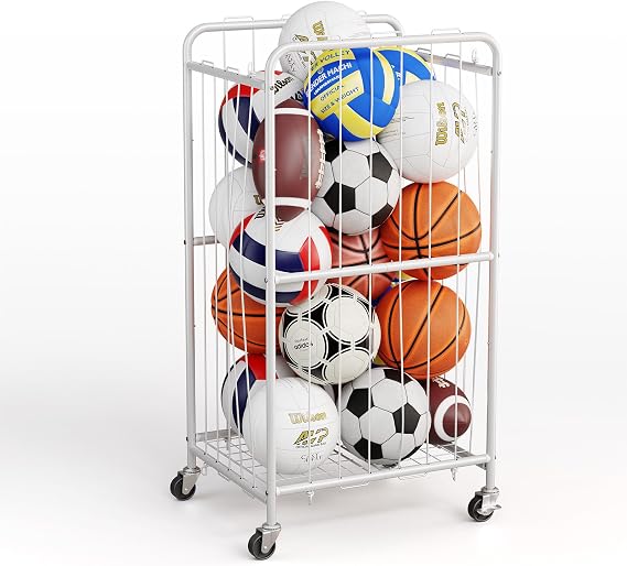 Olldide 43-Inch Large Ball Storage Basket with Wheels, Rolling Cart Sports Equipment Garage Organizer with Elastic Rope for Easy Access, Holder for Basketball, Soccer, Volleyball, Football