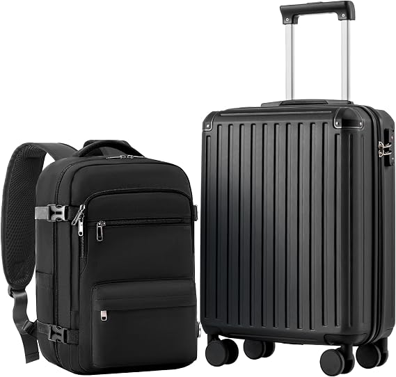 COOLIFE Cabin Suitcase 55x40x20 & Cabin Bag 40x30x20 EasyJet Ryanair PC+ABS | Hard Shell,4 Double Spinner, TSA Lock & Cabin Backpack, Durable–for Priority Boarding, Business Trips, Meetings & Long Travel