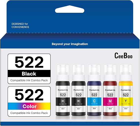 CEEBOO 522 High Capacity (5 Bottles) Refill Ink Replacement for Epson Compatible 522 (Not Sublimation) Use for EcoTank ET-2803 ET-2800 ET-2720 ET-4800 Printer