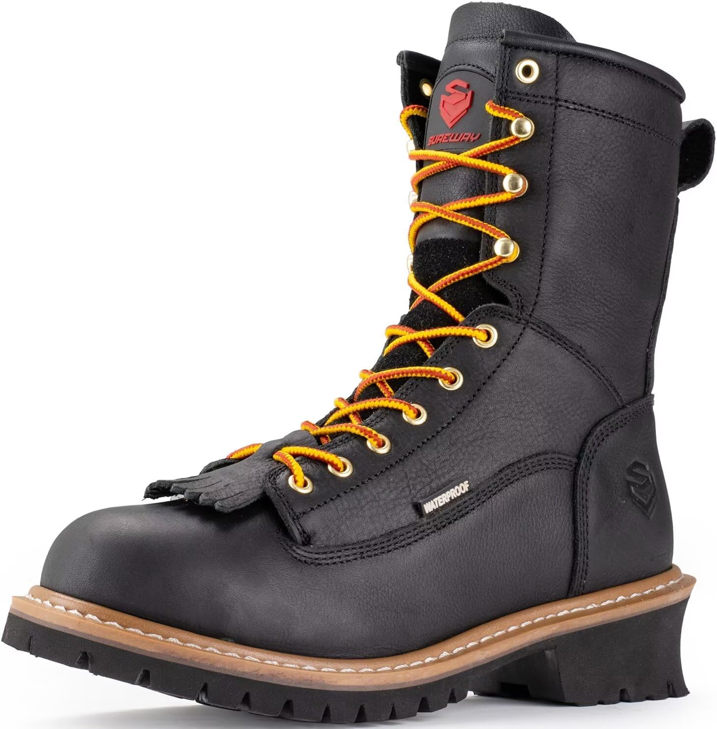 SUREWAY Mens 8 Waterproof Steel-Toe Logger Work Boot,Superior OilSlip Resistant,Thicker Full Grain Leather,Wedge Rubber Sole,EH Rated