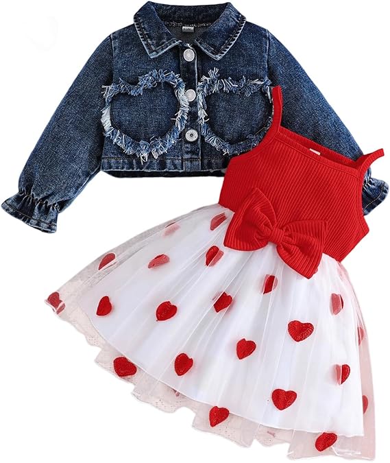 Kids Girls Girl Dress and Cardigan Set Baby Valentines Day Outfit | Toddler Girl Spring Autumn Clothes, Heart Print Bow Decor Sleeveless Tutu Dress, Long Sleeve Lapel Denim Jacket, Fashion Sets