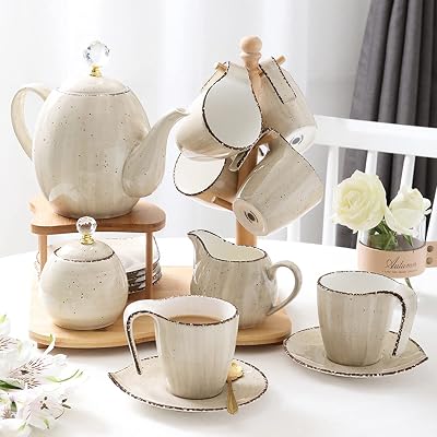 16-Piece Porcelain Ceramic Coffee Tea Gift Sets, Cups and Saucer Service of 6, Teapot, Sugar Bowl, Creamer Pitcher and Wooden Stand,Pink Grey