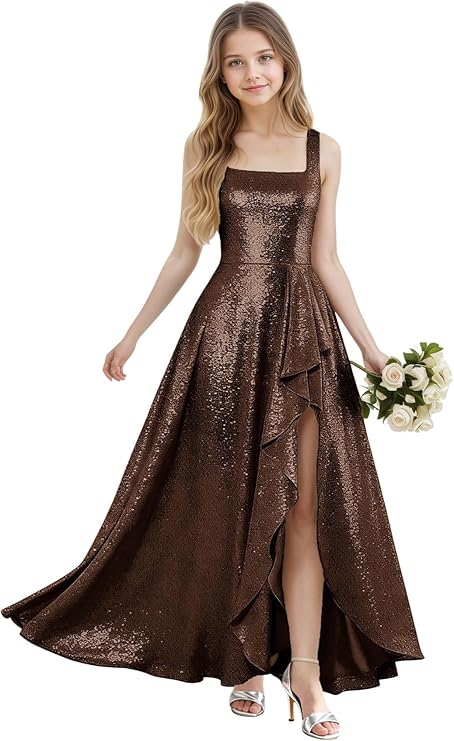 Girls Bridesmaid Dresses Size 10-12 Sparkly Sequin Prom Dress for Teens A Line Brown Square Neck Junior Flower Girl Dress with Ruffle Slit