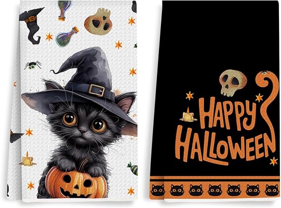 2 Pcs Pumpkin Cat Happy Halloween Kitchen Towels Dish Towels