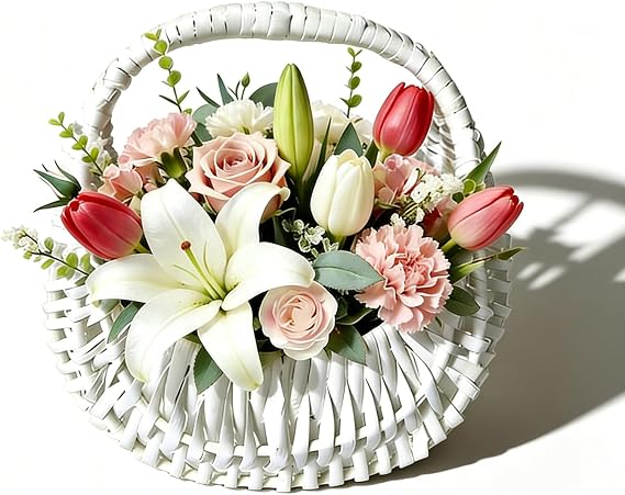 White Wicker Rattan Flower Girl Basket Wedding Flower Basket Cute Rattan Wicker Basket Wicker Storage Basket Decorative Baskets for Home Decor