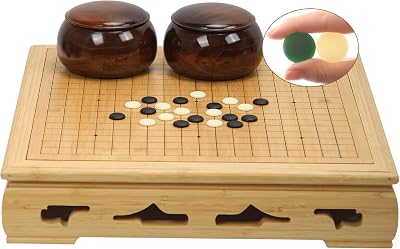 VPH Compact Go Game Set with Frame - 0.8 Bamboo Reversible 19x19 Board, Old Yunzi Single-Convex Stones & Spruce Wood Jars