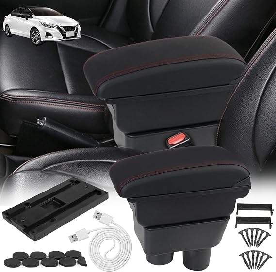 BHB Consoles Armrest Box Compatible with Nissan Almera Versa 2016-2019 Center Console Box Armrest Box USB Charge Black with Red Stitching