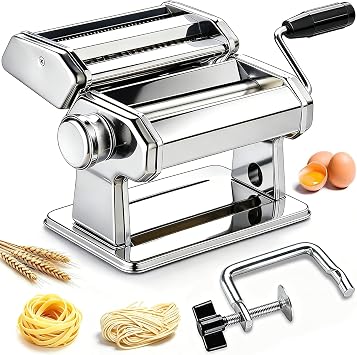 Pasta Maker Machine, Manual Pasta Maker with 9 Adjustable Thickness Settings, Stainless Steel Noodles Maker with Rollers and Cutter for Pasta, Spaghetti, Fettuccini, Lasagna