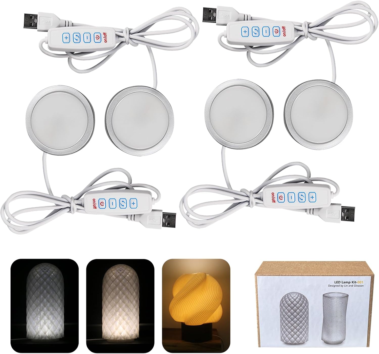 4PCS LED Lamp Kit 001 Three Colors for Bambu Lab MakerWorld 3D Printed DIY Hardware Model Spare Parts, 5V USB Powered Lighting Kit Compatible with Bambu Lab P2S/P1P/X1/X1C/H2D/H2S/H2C/A1/A1 mini