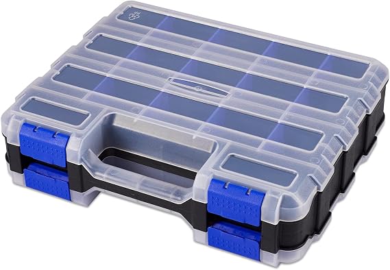 Hardware Organizer Box 34 Compartments Small Parts Organizer with Removable Dividers Durable Plastic Double Side Tools Box Screw Organizer For Nuts, Bolts, Screws, Nails, Small Hardware (Blue)
