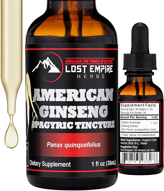 Lost Empire Herbs American Ginseng Spagyric Tincture Organic Supplement from USA-Grown 4+ Year Roots Panax quinquefolius Liquid Herbal Extract (1 oz)