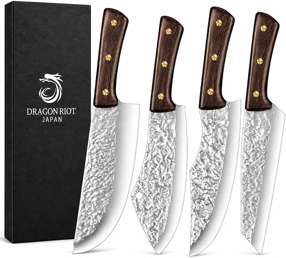 DRAGON RIOT Chef Butcher Knife Set for Meat Cutting, 4 Pcs Japanese Forged Chef Knives Set for Men and Women Gift for Men