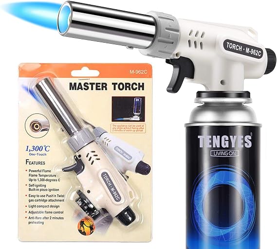 Kitchen Butane Blow Torch Lighter, Butane Not Included | Chef Cooking, Culinary Torches, Professional, Adjustable Flame, with Reverse Use for Creme, Brulee, BBQ, Baking, Jewelry