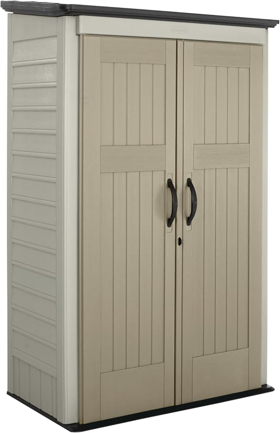 Rubbermaid Vertical Resin Outdoor Storage Shed With Floor (4 x 2.5 Ft) Weather Resistant Beige/Brown Organization for Home/Backyard/Pool Chemicals/Toys/Garden Tools/Porch/Patio Cushions