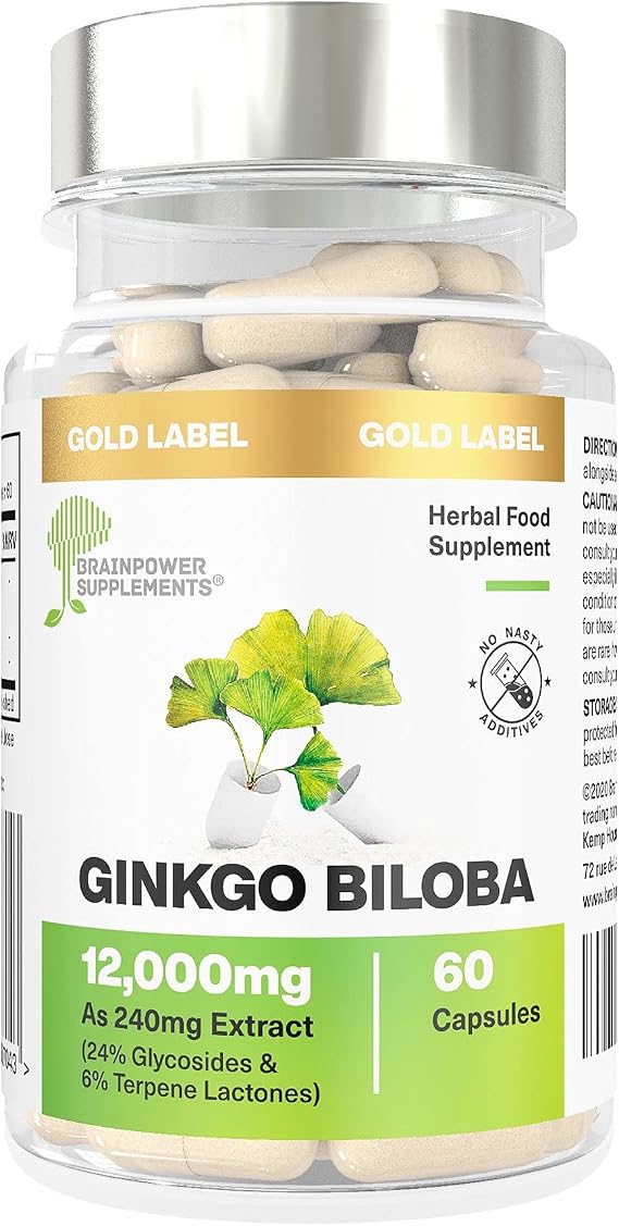 Ginkgo Biloba Super Strength 12,000mg | 24% ginkgolides, 6% terpenes | Capsules | NO Synthetic Binders and Fillers (unlike tablets) | UK Made by Brainpower Supplements®