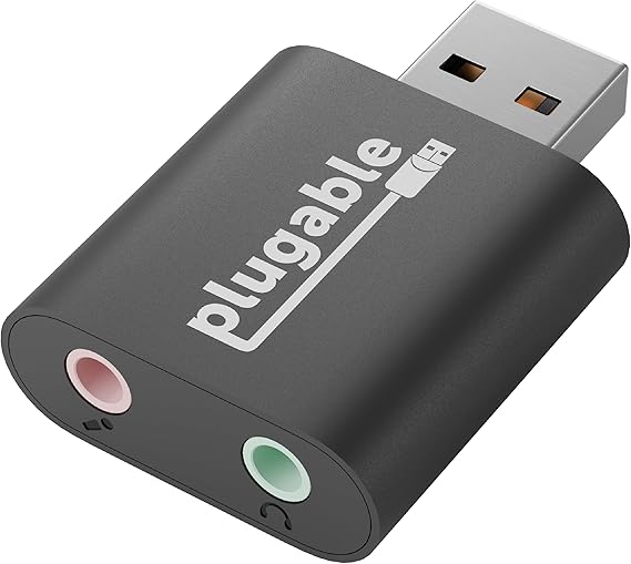Plugable USB Audio Adapter Adds 3.5mm Speaker and Microphone Ports Because Your Laptop or PC Lacks an Audio Jack; Compact External Sound Card Replacement, Plug-and-Play for Windows, Mac, Linux