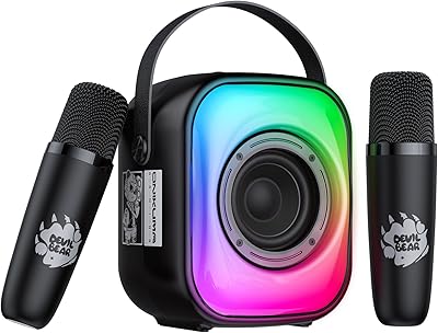 Mini Karaoke Machine with Two Wireless Microphones, Portable Bluetooth Speaker for Adults and Kids, Karaoke Microphone with LED, Speaker Supports for TF CardUSB, AUX in Black