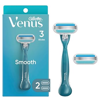 Gillette Venus Smooth Razor for Women, Includes 1 Reusable Razor Handle + 2 Count 3-Bladed Refills, Ergonomic Soft Grip Handle