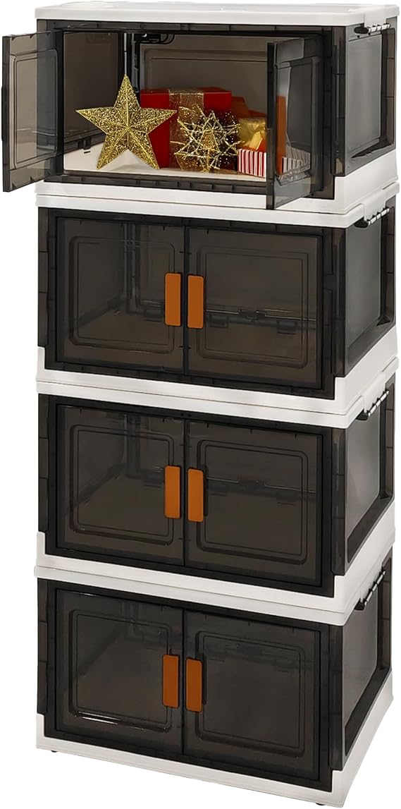 86L Plastic Storage Cabinet with Wheels, Stackable and Collapsible Storage Boxes with Individual Lids, Toy Storage Container with Doors, Wardrobe, Home Office Organiser (Pack of 4)